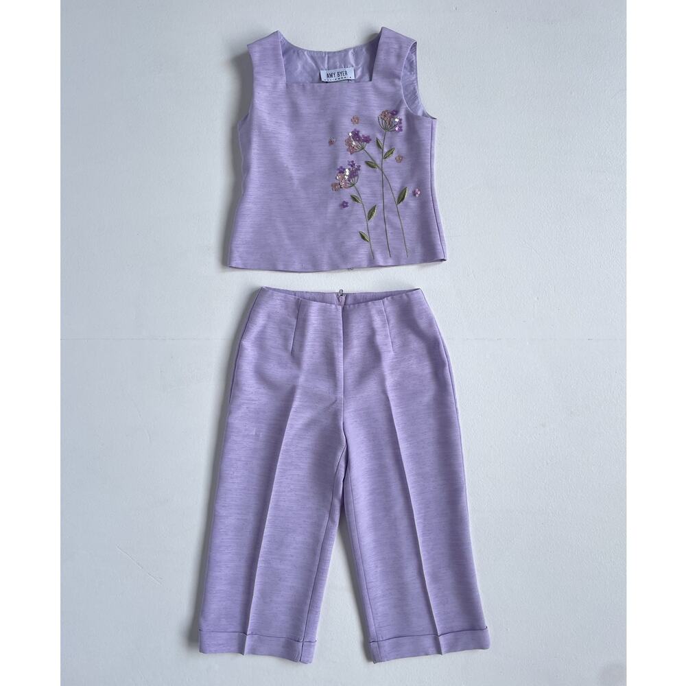 Vtg Y2K AMY BYER Lavender Floral GIRLS Two Piece Top + Capri Set / Sz 7 / Youth